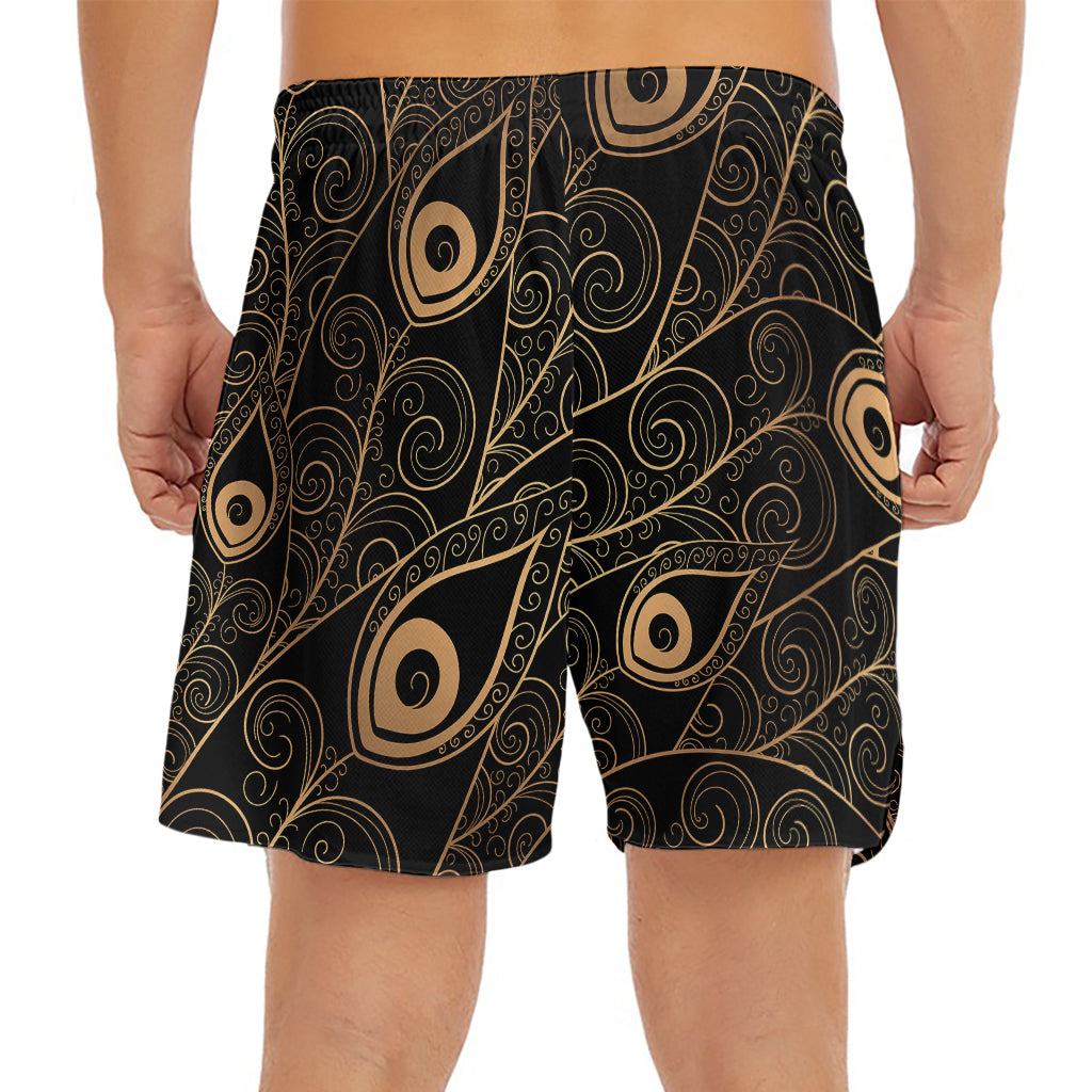 Black And Gold Peacock Feather Print Men's Split Running Shorts