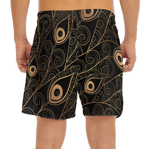 Black And Gold Peacock Feather Print Men's Split Running Shorts