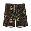 Black And Gold Peacock Feather Print Men's Sports Shorts