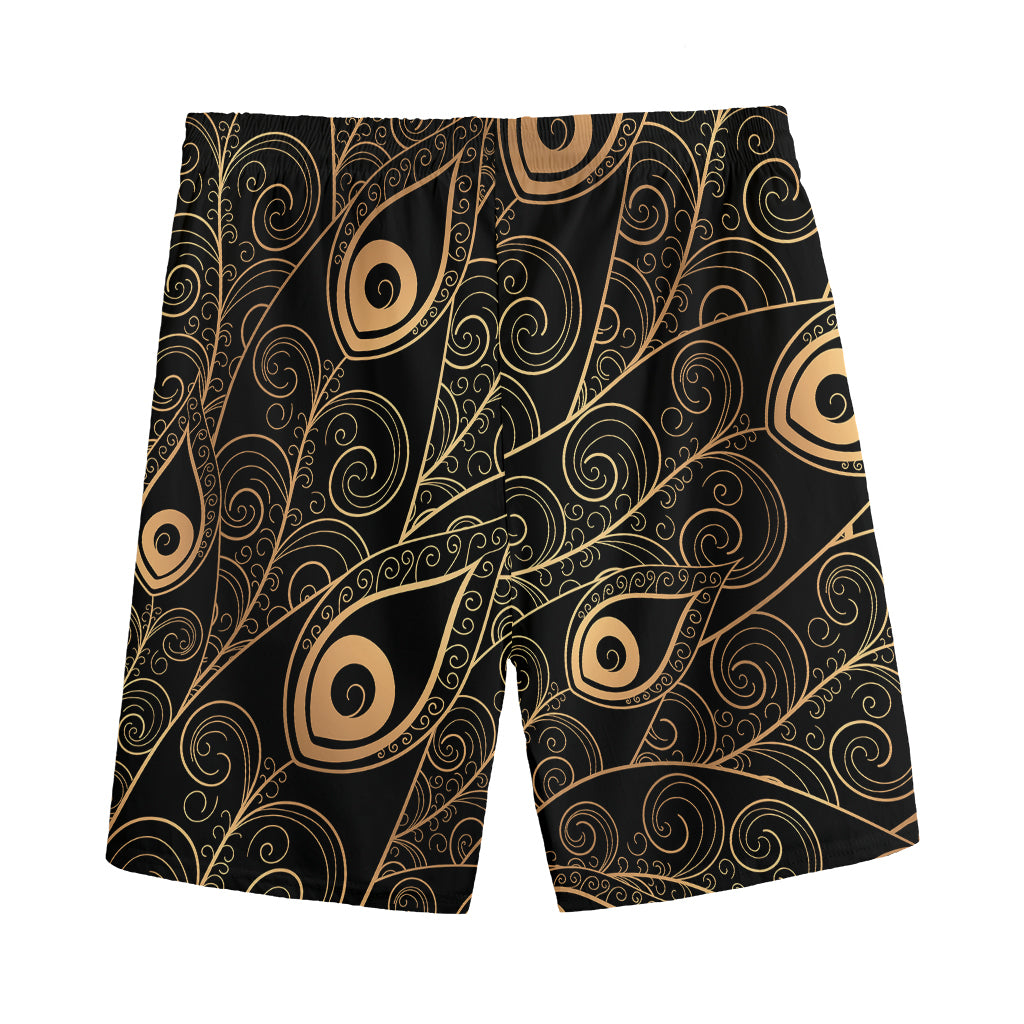 Black And Gold Peacock Feather Print Men's Sports Shorts