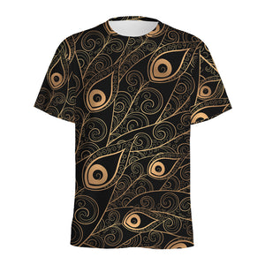 Black And Gold Peacock Feather Print Men's Sports T-Shirt