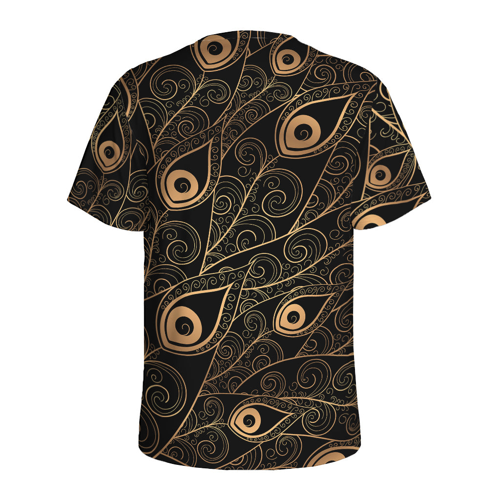 Black And Gold Peacock Feather Print Men's Sports T-Shirt