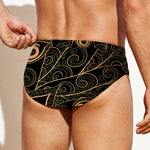Black And Gold Peacock Feather Print Men's Swim Briefs