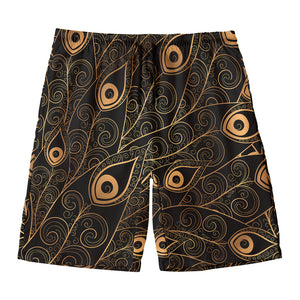 Black And Gold Peacock Feather Print Men's Swim Trunks