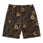 Black And Gold Peacock Feather Print Men's Swim Trunks