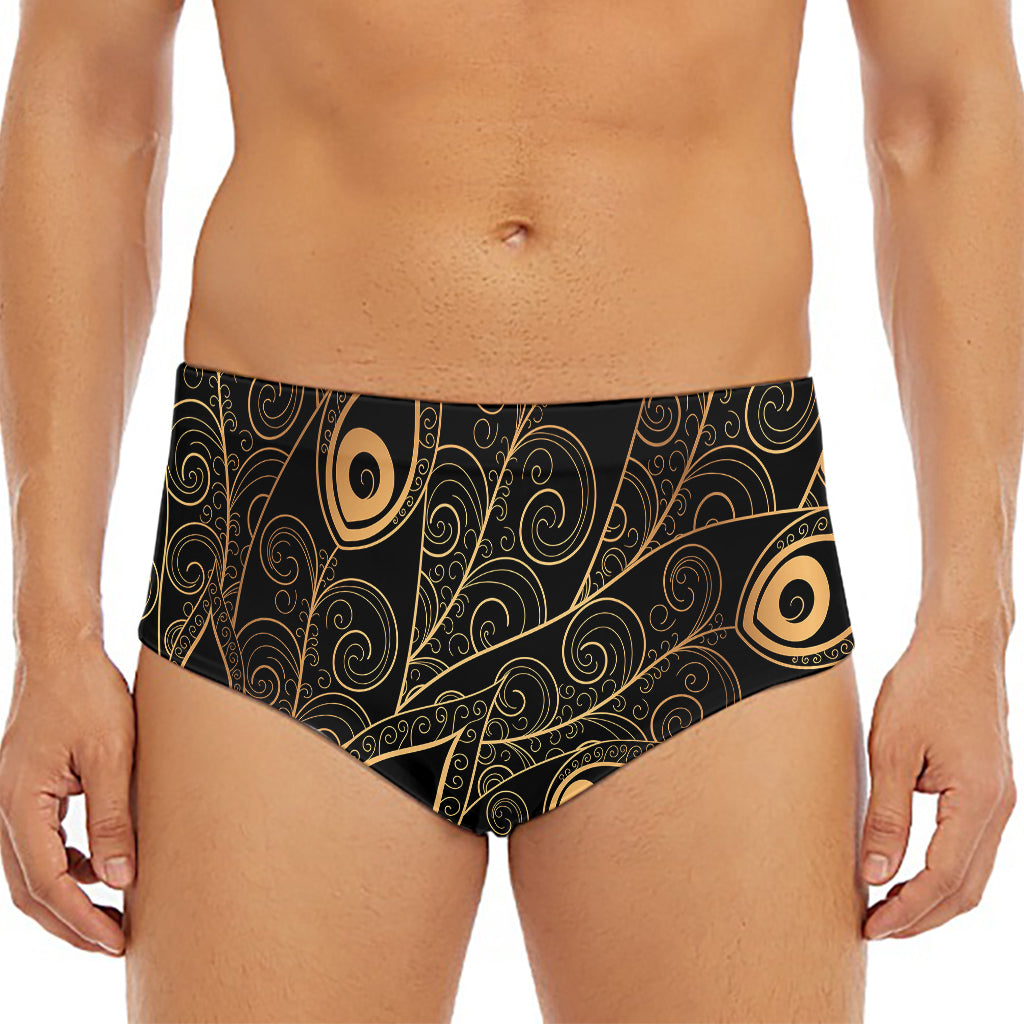 Black And Gold Peacock Feather Print Men's Triangle Swim Briefs