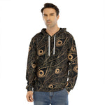 Black And Gold Peacock Feather Print Men's Velvet Pullover Hoodie