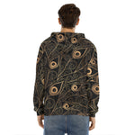 Black And Gold Peacock Feather Print Men's Velvet Pullover Hoodie