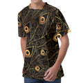 Black And Gold Peacock Feather Print Men's Velvet T-Shirt