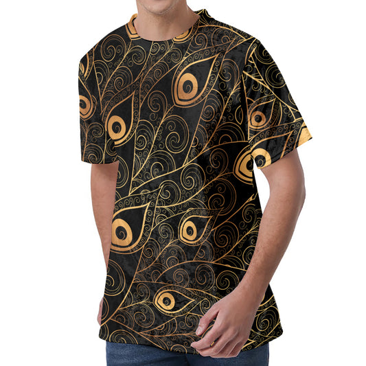 Black And Gold Peacock Feather Print Men's Velvet T-Shirt