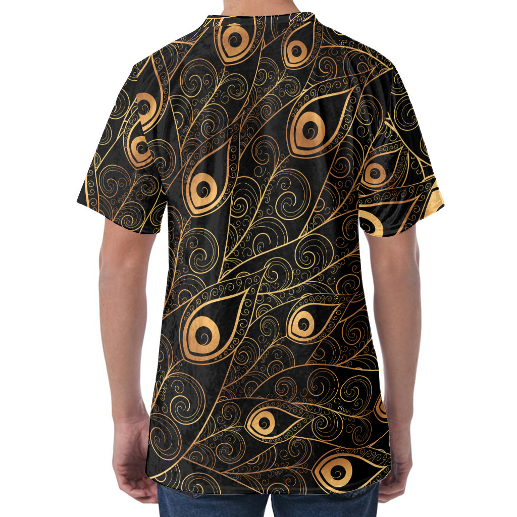 Black And Gold Peacock Feather Print Men's Velvet T-Shirt