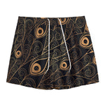 Black And Gold Peacock Feather Print Mesh Shorts