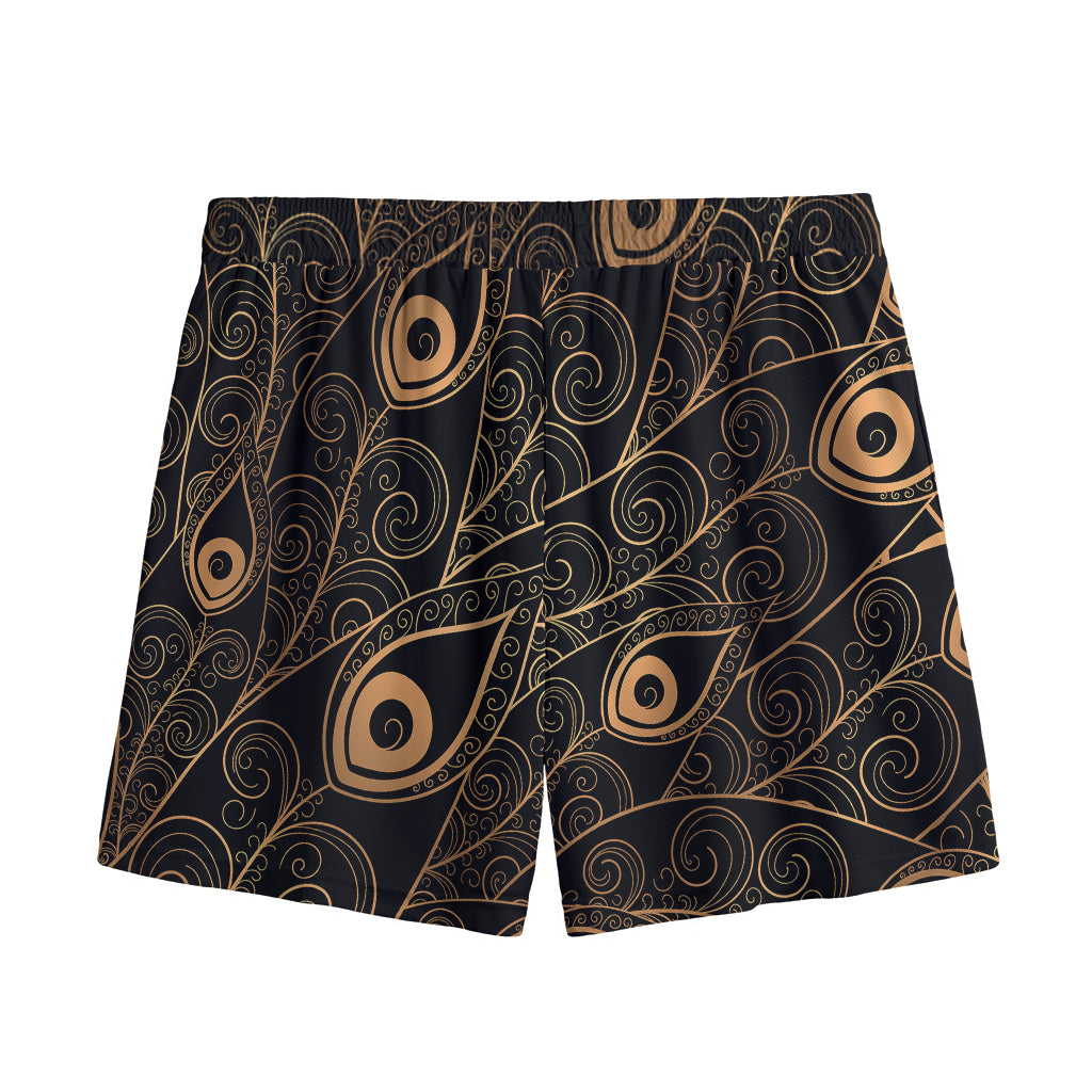 Black And Gold Peacock Feather Print Mesh Shorts