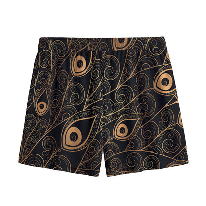 Black And Gold Peacock Feather Print Mesh Shorts