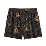 Black And Gold Peacock Feather Print Mesh Shorts