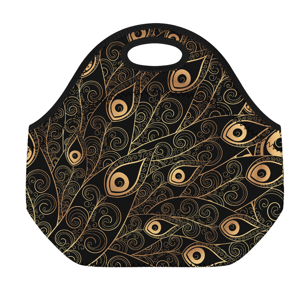 Black And Gold Peacock Feather Print Neoprene Lunch Bag