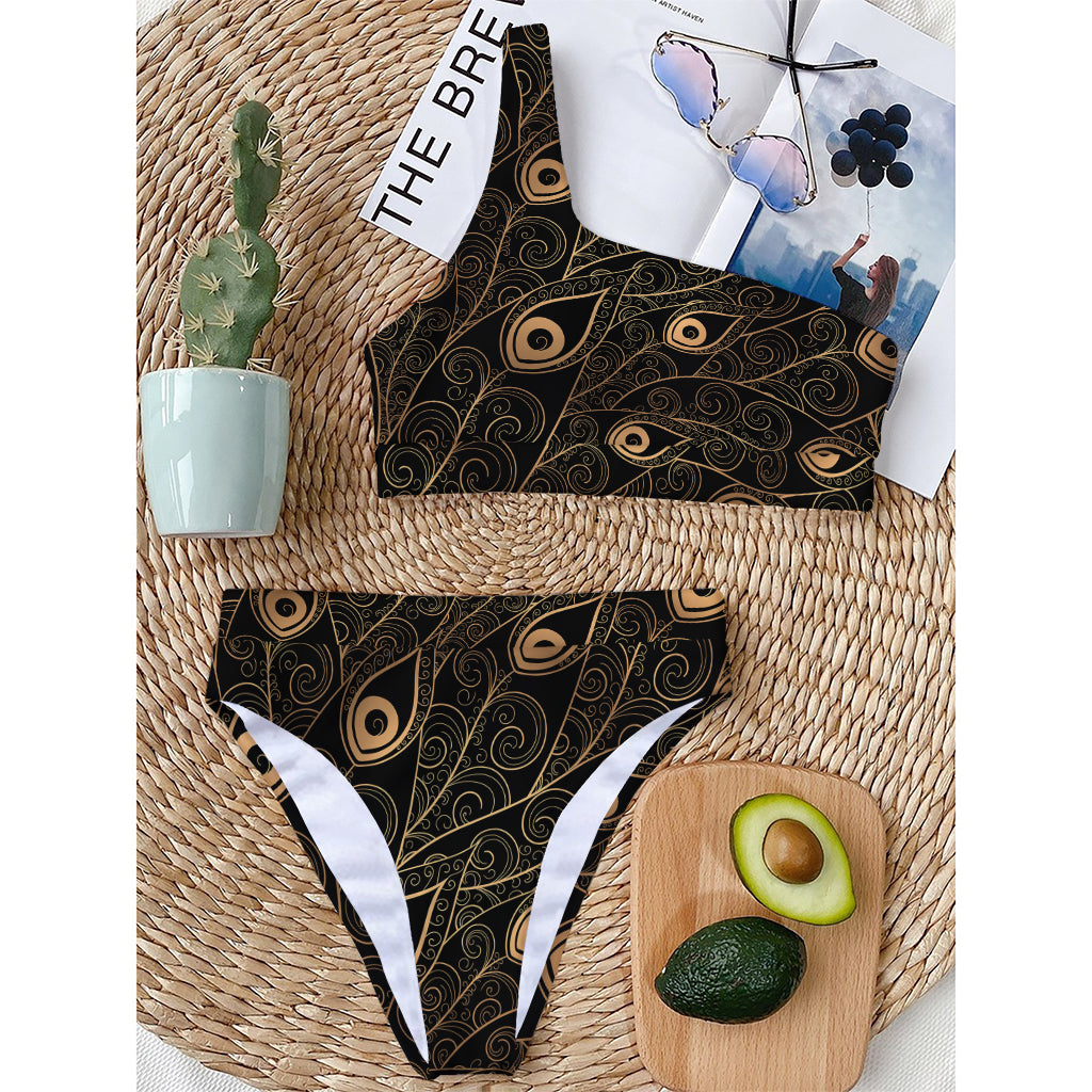 Black And Gold Peacock Feather Print One Shoulder Bikini Top