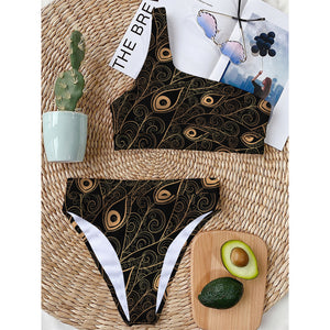 Black And Gold Peacock Feather Print One Shoulder Bikini Top