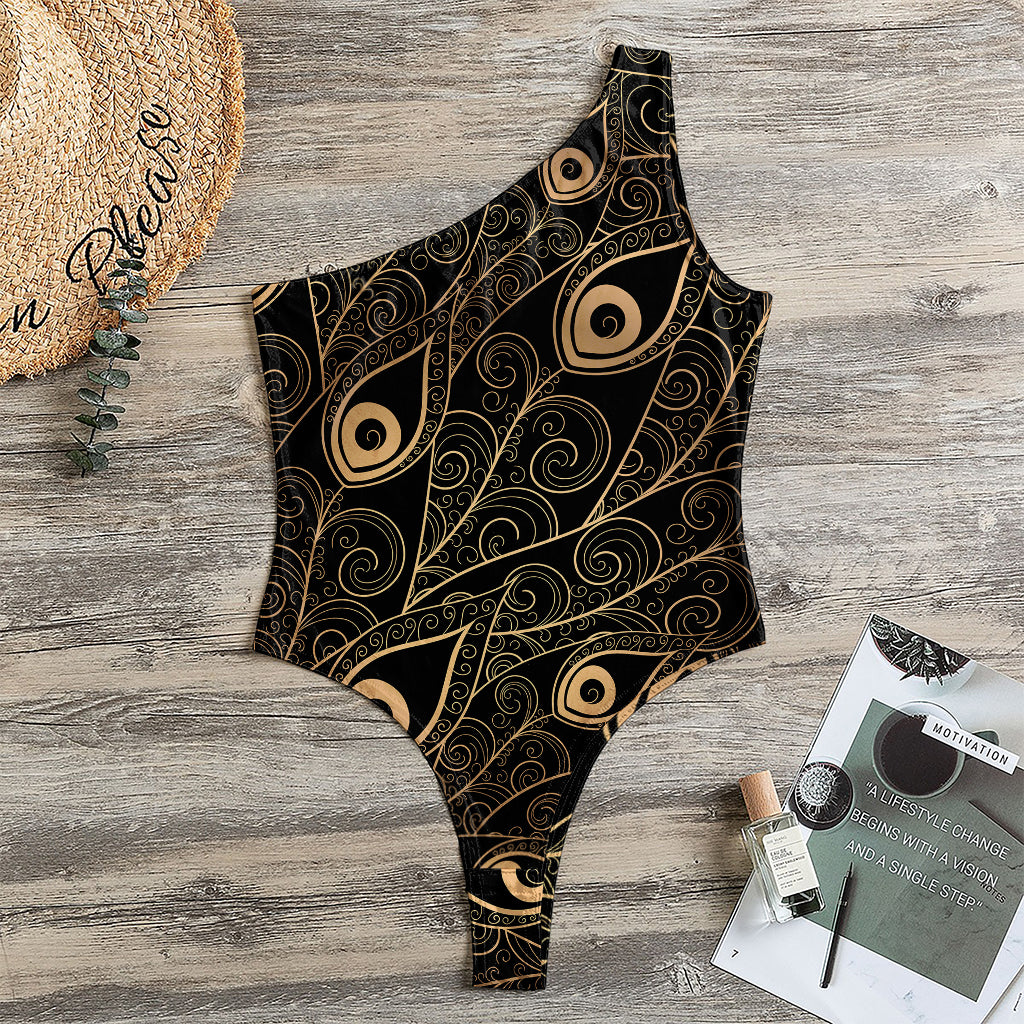 Black And Gold Peacock Feather Print One Shoulder Bodysuit