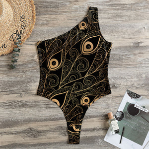 Black And Gold Peacock Feather Print One Shoulder Bodysuit