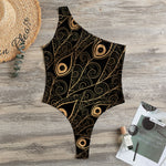 Black And Gold Peacock Feather Print One Shoulder Bodysuit