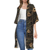 Black And Gold Peacock Feather Print Open Front Beach Cover Up