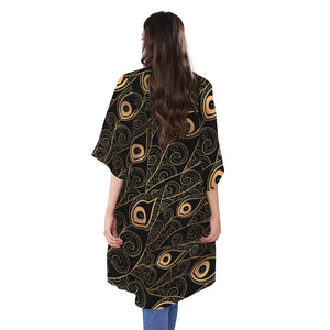 Black And Gold Peacock Feather Print Open Front Beach Cover Up