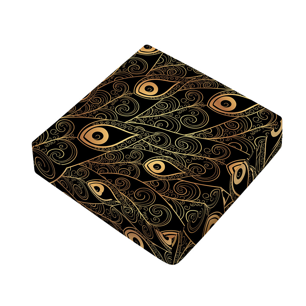 Black And Gold Peacock Feather Print Outdoor Seat Cushion Cover