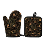 Black And Gold Peacock Feather Print Oven Mitt And Pot Holder Set