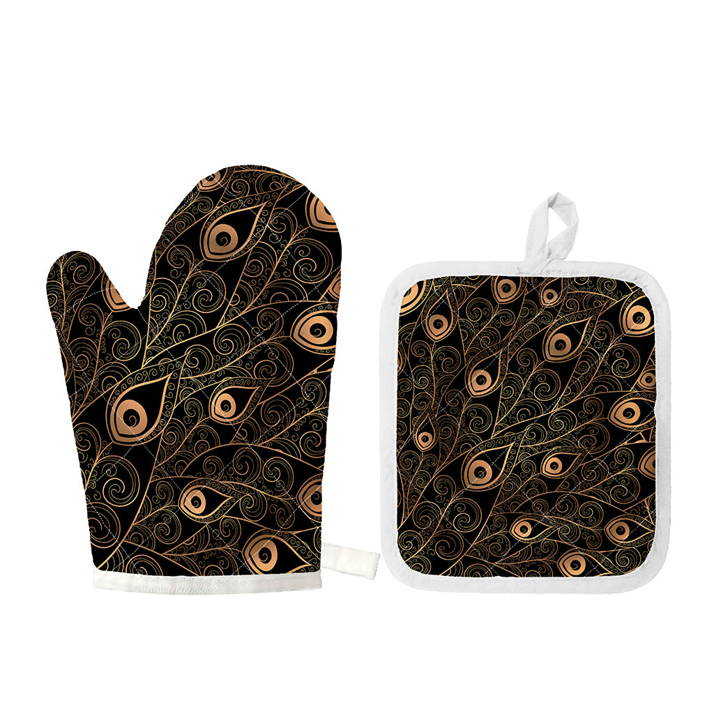 Black And Gold Peacock Feather Print Oven Mitt And Pot Holder Set