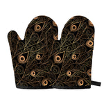Black And Gold Peacock Feather Print Oven Mitts
