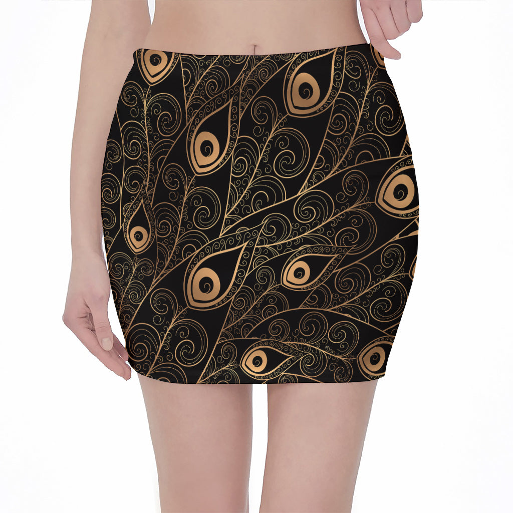 Black And Gold Peacock Feather Print Pencil Mini Skirt