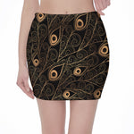 Black And Gold Peacock Feather Print Pencil Mini Skirt