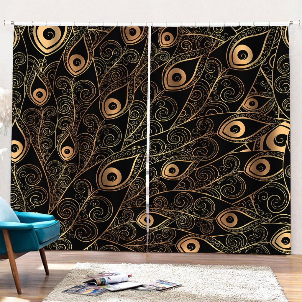 Black And Gold Peacock Feather Print Pencil Pleat Curtains