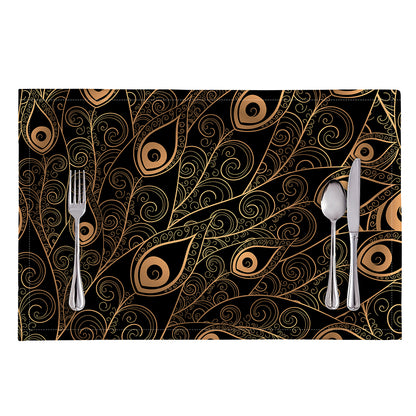 Black And Gold Peacock Feather Print Placemat