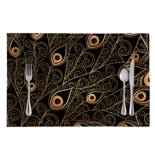 Black And Gold Peacock Feather Print Placemat