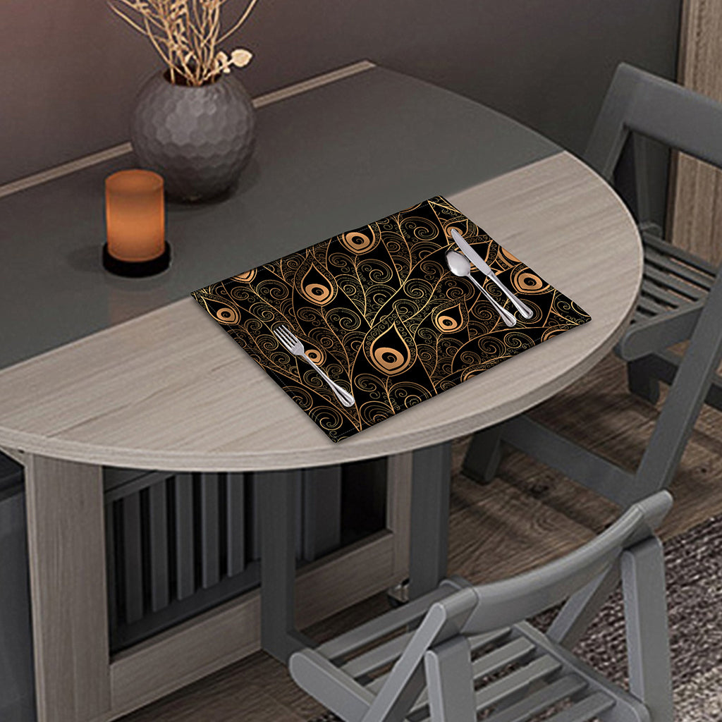 Black And Gold Peacock Feather Print Placemat