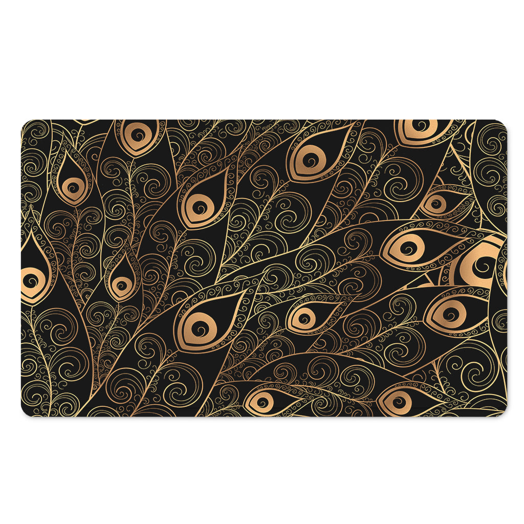 Black And Gold Peacock Feather Print Polyester Doormat