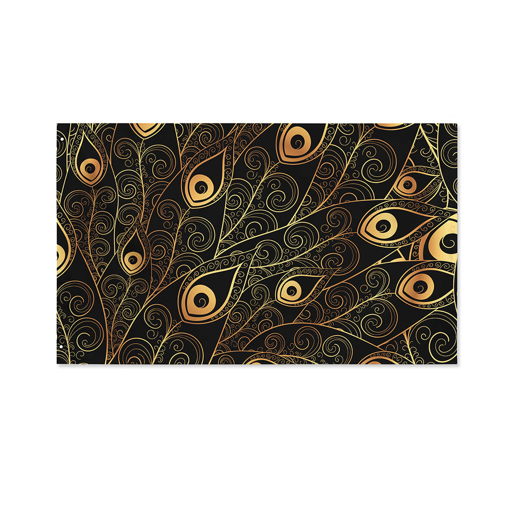 Black And Gold Peacock Feather Print Polyester Flag