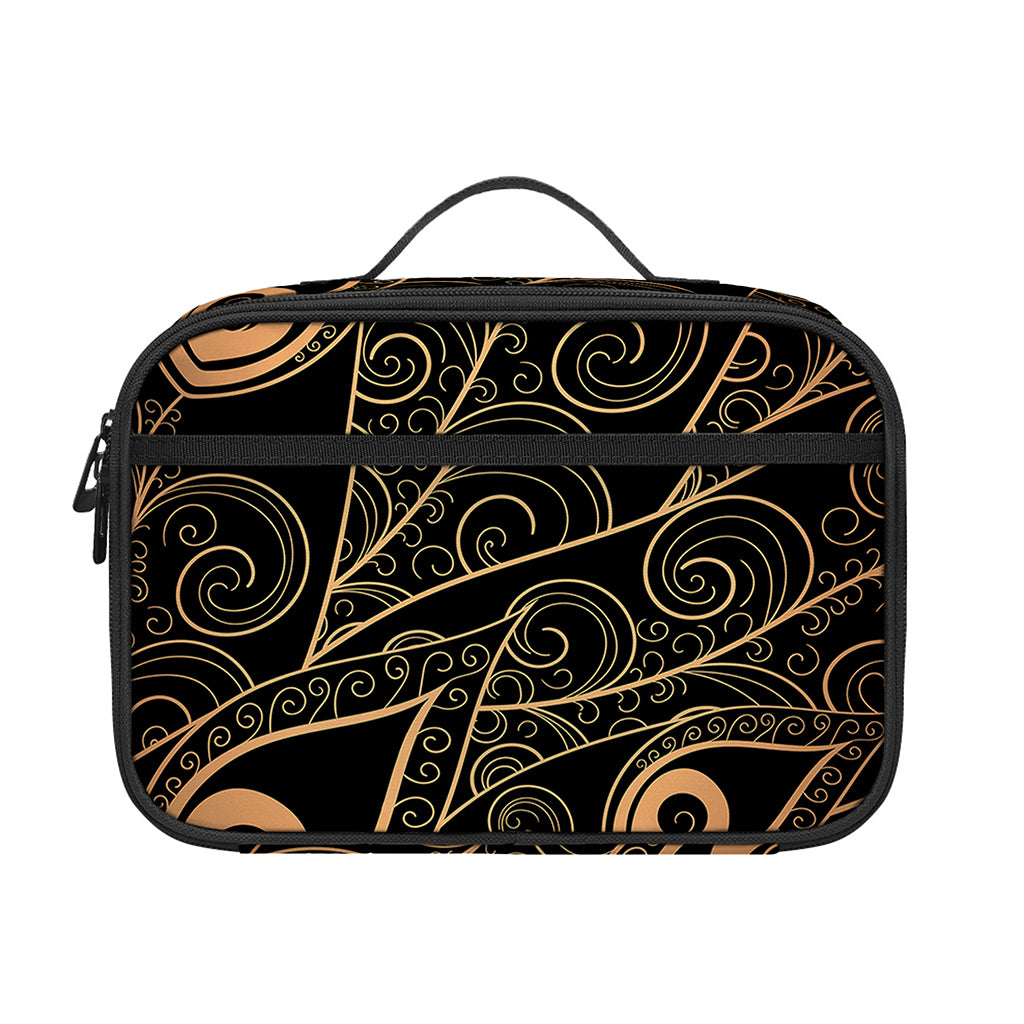 Black And Gold Peacock Feather Print Portable Lunch Bag