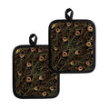 Black And Gold Peacock Feather Print Pot Holders