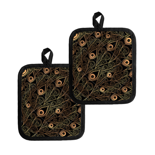 Black And Gold Peacock Feather Print Pot Holders