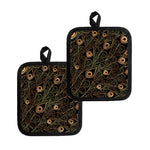 Black And Gold Peacock Feather Print Pot Holders