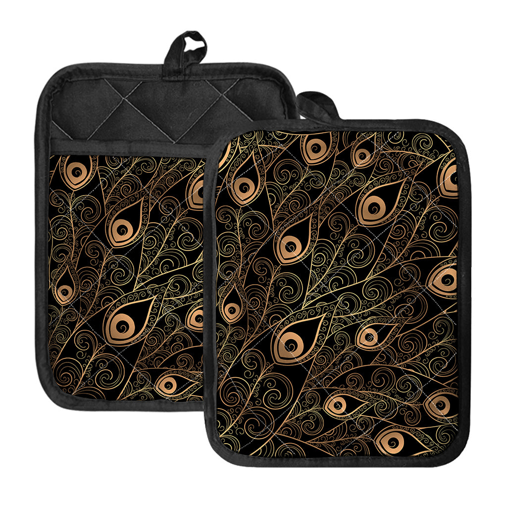 Black And Gold Peacock Feather Print Pot Holders With Pocket