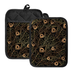 Black And Gold Peacock Feather Print Pot Holders With Pocket