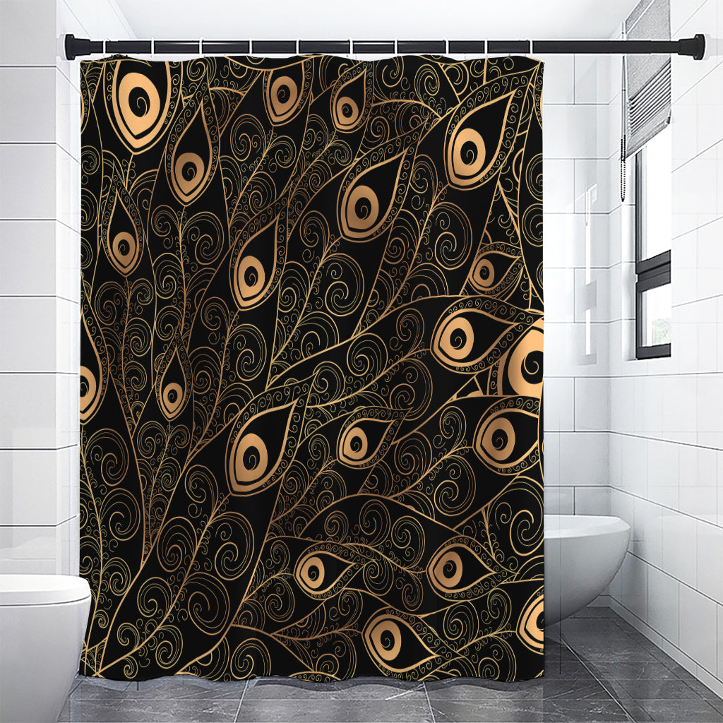 Black And Gold Peacock Feather Print Premium Shower Curtain