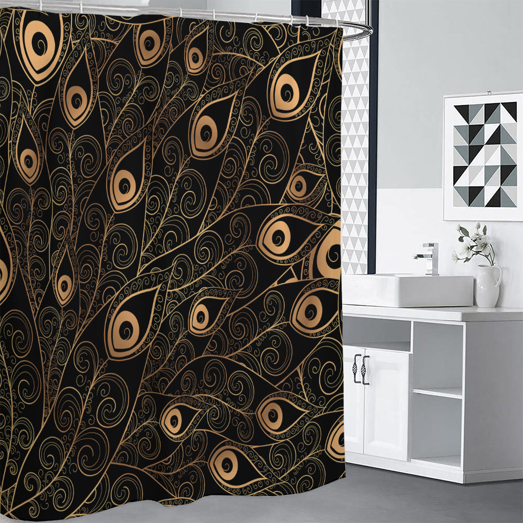 Black And Gold Peacock Feather Print Premium Shower Curtain