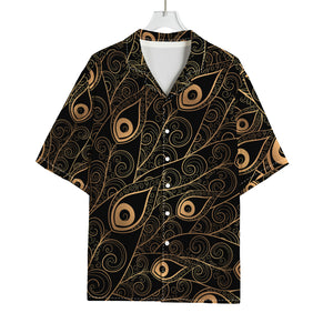 Black And Gold Peacock Feather Print Rayon Hawaiian Shirt