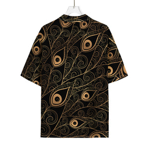 Black And Gold Peacock Feather Print Rayon Hawaiian Shirt