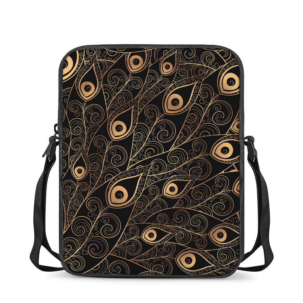 Black And Gold Peacock Feather Print Rectangular Crossbody Bag